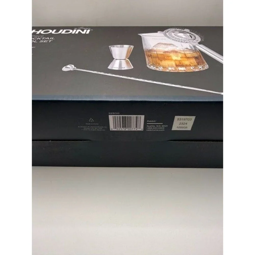 Houdini 4 Piece Cocktail Tool Set Mixing Glass Jigger Strainer Bar Spoon NEW